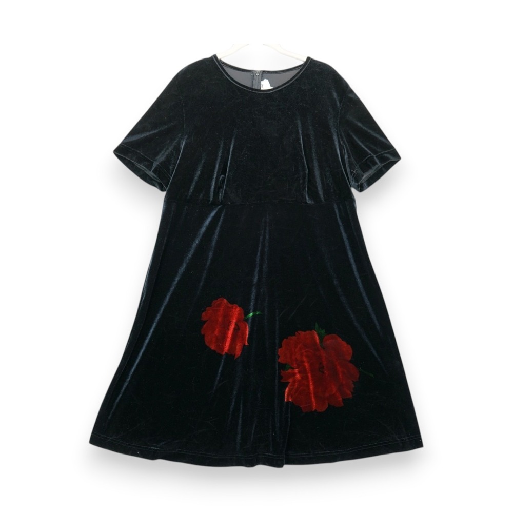 Vintage Jeffrey & Dara Velvet Dress Short Sleeve Flower Print Size 16